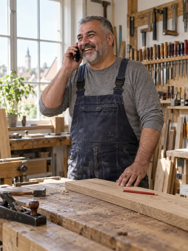 Handwerker in Arbeitskleidung telefoniert lachend an einer Holzwerkbank, Werkzeuge an der Wand, großes Fenster mit Tageslicht.