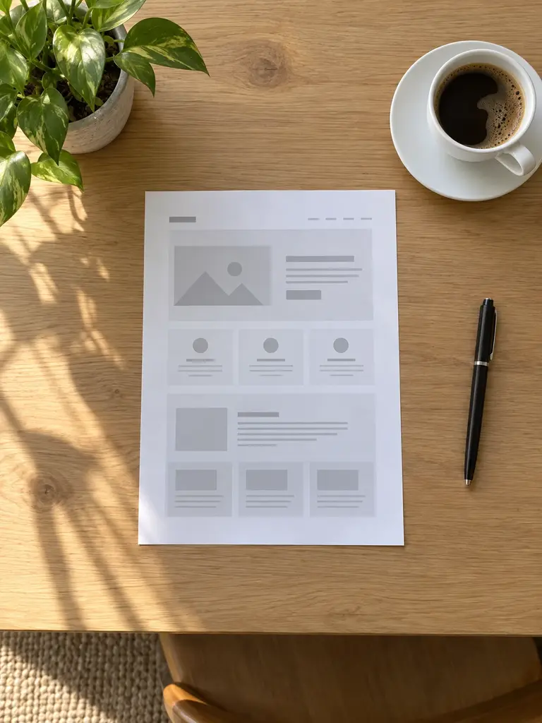 Heller Holztisch von oben mit Website-Mockup auf Papier, schwarzem Stift, Kaffeetasse und grüner Pflanze im Topf.
